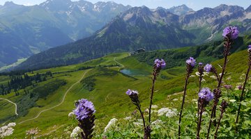 Beeindruckender Blick auf den Allgäuer Hauptkamm, vorn der Schlappoltsee und die Mittelstation der Fellhornbahn