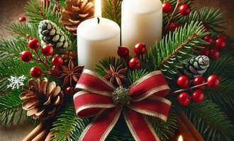 A festive Advent wreath with two white candles and a red bow. Surrounded by fir branches, pine cones, and red berries. | © KI generiert