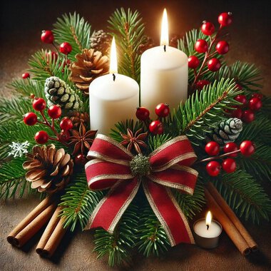 A festive Advent wreath with two white candles and a red bow. Surrounded by fir branches, pine cones, and red berries. | © KI generiert