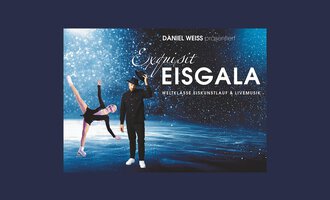 © Eisgala Entertainment e.K. | Jochen Günther A figure skating gala with a dancer on the ice and a musician in elegant clothing. In the background, a sparkling ice surface and a colorful, glowing sky can be seen. | © Eisgala Entertainment e.K. | Jochen Günther