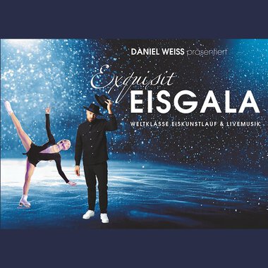 © Eisgala Entertainment e.K. | Jochen Günther A figure skating gala with a dancer on the ice and a musician in elegant clothing. In the background, a sparkling ice surface and a colorful, glowing sky can be seen. | © Eisgala Entertainment e.K. | Jochen Günther