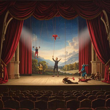 A colorful picture of a unicorn wearing glasses in a fantastical environment. The text "Children's Theater Live" is visible on it. | © Puppentheater KI-generiert