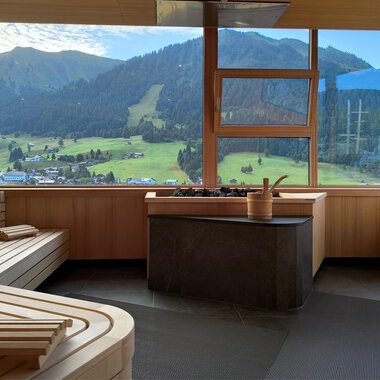 Ein modernes Wellness-Spa mit Holzbänken und einem schönen Blick auf die Berge. Große Fenster bieten viel Tageslicht und eine entspannende Aussicht auf die Natur. | © Hotel Erlebach GmbH