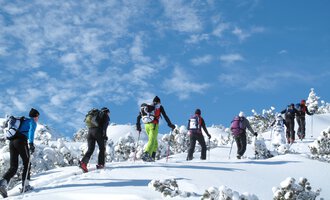 © Kleinwalsertal Tourismus | Frank Drechsel A group of people is hiking through snow-covered landscapes. The sky is clear and blue. | © Kleinwalsertal Tourismus | Frank Drechsel