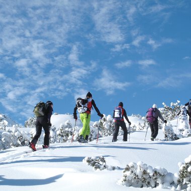 © Kleinwalsertal Tourismus | Frank Drechsel A group of people is hiking through snow-covered landscapes. The sky is clear and blue. | © Kleinwalsertal Tourismus | Frank Drechsel