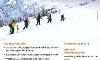 © Vaude Skitouren Camp 2026 Flyer A poster for the VAUDE Ski Touring Camp, taking place from January 9th to 11th, 2026, in Hirschegg/Kleinwalsertal. It features a group of ski tourers in a snow-covered mountain landscape. | © Vaude Skitouren Camp 2026 Flyer