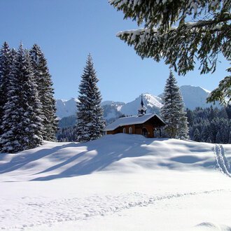 © Bruder Klaus Kapelle | Rolf Koeberle A snowy landscape with tall fir trees and a small wooden house. In the background, the snow-covered mountains and a clear blue sky can be seen. | © Bruder Klaus Kapelle | Rolf Koeberle