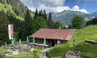 A cozy mountain hut with a red roof and green sun umbrellas. In the background, green hills and mountains can be seen under a clear sky. | © Alpe Widderstein | Tom Egger
