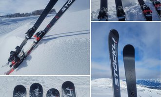 © Austrian Ski- & Service Ranch | Trixi Leitner Eine Gruppe von Skiern liegt auf frischem Schnee vor einer winterlichen Bergkulisse. Die Skier sind von der Marke Stöckli und zeigen ein modernes Design. | © Austrian Ski- & Service Ranch | Trixi Leitner