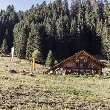 A cozy mountain cabin surrounded by dense, green forests. In the foreground, there is a meadow with colorful flags. | © Kleinwalsertal Tourismus | Bastian Morell