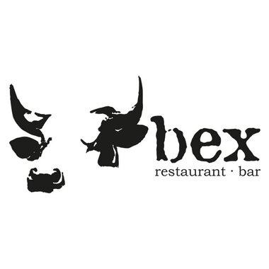 A black logo featuring stylized cow and bull figures. The name "bex" is below, along with the words "restaurant · bar". | © bex - restaurant - bar Logo