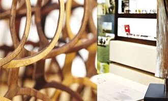 Eine Nahaufnahme von Holzringen in einer modernen Umgebung. Im Hintergrund sind stilvolle Möbel und Ausstellungsgegenstände zu sehen. | © Bräuer Optik & Akustik | AlpenMedia-Design