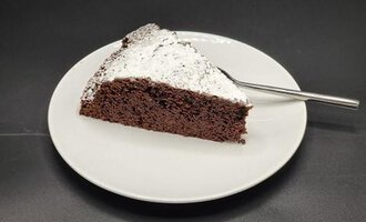A piece of chocolate cake on a white plate. The cake is dusted with powdered sugar and has a loose texture.