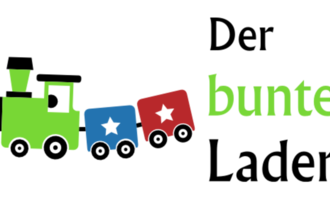 Ein farbenfrohes Spielzeugzug-Design in rot, blau und grün. Der Schriftzug „bunte“ ergänzt das Bild spielerisch.
