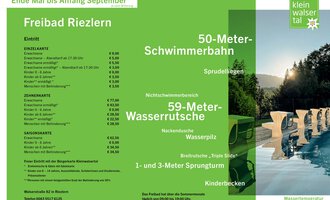 An information sheet about the Riezlern outdoor pool with prices and offers. It highlights the 50-meter swimming lane and the 59-meter water slide.