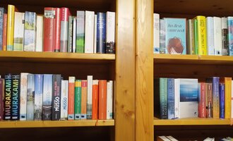 A bookshelf with a variety of book spines in different colors. The books are neatly arranged and reach from top to bottom. | © Kleinwalsertal Tourismus | N. Lughammer