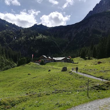 A picturesque landscape with a green valley and mountains in the background. In the foreground, a hiking trail runs along a meadow. | © Kleinwalsertal Tourismus | N. Lughammer