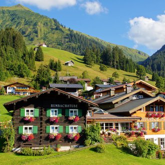 A picturesque landscape with traditional houses in the mountains. Lush green meadows and forests surround the buildings. | © Alpenhof Jäger | Werbewind