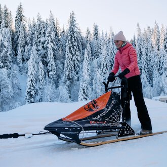 Eine Person steht auf einem Schlitten im Schnee, umgeben von hochgewachsenen, schneebedeckten Bäumen. Die Frau trägt eine pinke Jacke und eine Mütze. | © Kleinwalsertal Tourismus | Oliver Farys