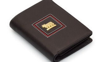 An elegant black wallet with a golden emblem. The wallet has a fine red and green trim.