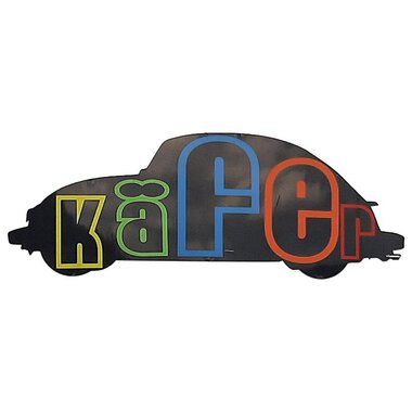 A stylized silhouette of a beetle car with colorful letters forming the word "Käfer." The background is simple and neutral. | © Kleinwalsertal Tourismus | V. Senn