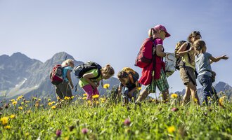 Eine Gruppe von Kindern erkundet eine blühende Wiese in den Bergen. Sie sammeln Blumen und genießen die Natur an einem sonnigen Tag. | © Kleinwalsertal Tourismus | Oliver Farys