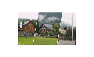 Three alpine houses in different landscapes. The surroundings are wooded and mountainous, with a slight fog. | © Mahdtalhaus | Thomas Dielmann