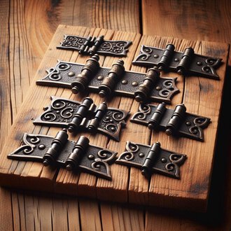 © KI erstellt Eine Sammlung von dekorativen Scharnieren auf einem rustikalen Holzbrett. Die Scharniere sind in verschiedenen Größen und Designvarianten angeordnet. | © KI erstellt