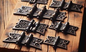 © KI erstellt Eine Sammlung von dekorativen Scharnieren auf einem rustikalen Holzbrett. Die Scharniere sind in verschiedenen Größen und Designvarianten angeordnet. | © KI erstellt