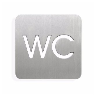 A silver sign with the inscription "WC". It indicates that it is a restroom.