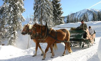 Eine Pferdeschlittenfahrt durch eine verschneite Winterlandschaft. Bäume und Berge sind im Hintergrund sichtbar. | © Otto Berwanger