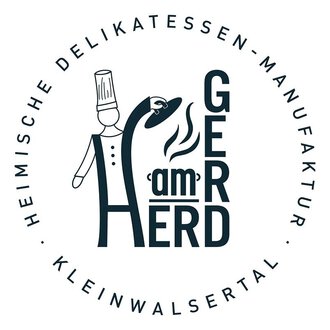 Ein Logo mit dem Namen "Gerd am Herd" und einer stilisierten Figur eines Kochs. Das Design vermittelt einen handwerklichen und heimischen Charakter. | © Gerd am Herd | Gerd Hammerer Logo
