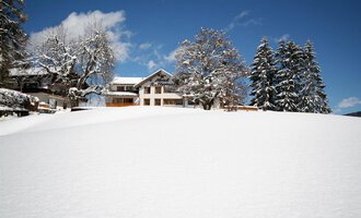 A snowy landscape with a charming house and large trees. The bright blue sky creates a peaceful atmosphere. | © Hotel Bellevue | Werbewind GmbH