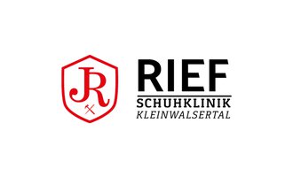 A stylized logo with the letters "JR" in red font. It is surrounded by a red shield, and below are depicted a hammer and a sword. | © Schuhklinik Johannes Rief Signatur Logo