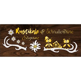 © Rustikale Eleganz Logo Eine kreative Grafik mit dem Text "Rustikale & Schnullertrine" in eleganter Schrift. Darunter sind stilisierte Eulen und Blumen auf einem holzähnlichen Hintergrund abgebildet. | © Rustikale Eleganz Logo