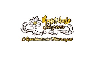 © Rustikale Eleganz Logo Ein stilvolles Logo mit rustikalem Design. Es zeigt eine Alpenblume und Geweihe, mit dem Schriftzug "Rustikale Eleganz" und "Alpenländische Mitbringsel". | © Rustikale Eleganz Logo