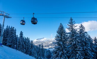 A snow-covered mountain landscape with pine trees and a gondola lift. The sky is clear and blue. | © OBERSTDORF · KLEINWALSERTAL BERGBAHNEN