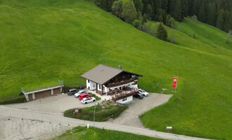 A cozy farmhouse in a green landscape. Surrounded by meadows and trees, with parked cars nearby.
