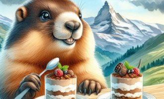 A happy marmot sits at a table and enjoys two delicious dessert plates. In the background, majestic mountains and a blue-and-white sky can be seen.