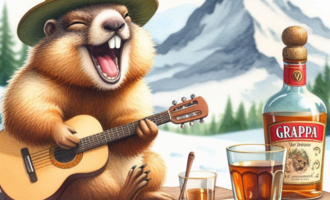 A smiling squirrel plays guitar on a table in nature. Next to it are a glass of grappa and a cup of coffee, with mountains in the background.