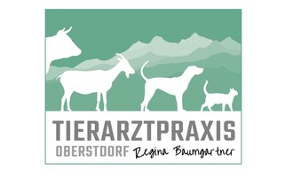 The logo of a veterinary practice features a series of stylized animals, including a cow, a goat, a dog, and a cat. The background is in various shades of green, with the inscription "Tierarztpraxis Oberstdorf" underneath.
