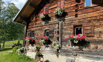 A charming wooden house with blooming plants in front of the windows. The building is surrounded by green meadow and trees. | © Untere Wiesalpe | Jennifer Opitz