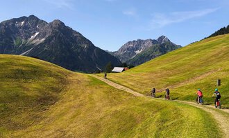 © WalserBike Tours | Christian Gutermuth Eine malerische Landschaft mit sanften Hügeln und hohen Bergen im Hintergrund. Mehrere Radfahrer fahren auf einem schmalen Weg durch die grüne Wiese. | © WalserBike Tours | Christian Gutermuth