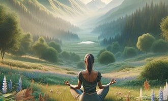 © Achtsamkeit Bild KI erstellt Eine Frau sitzt im Gras und meditiert in einer malerischen Berglandschaft. Hinter ihr erstrecken sich grüne Täler und majestätische Berge unter einem klaren Himmel. | © Achtsamkeit Bild KI erstellt