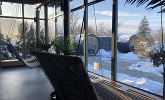 © WONNEMAR Sonthofen | Julia Sondergelt Ein gemütlicher Raum mit Schaukeln und großen Fenstern, die auf eine verschneite Landschaft blicken. Die Pflanzen im Innenraum sorgen für eine entspannte Atmosphäre. | © WONNEMAR Sonthofen | Julia Sondergelt