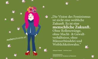 Eine illustrative Darstellung einer Frau mit bunten Haaren und einem Kleid. Darunter steht ein Zitat über Feminismus und menschliche Zukunft.