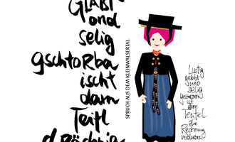 Eine bunte Illustration einer Person in traditioneller Kleidung mit einer Kopfbedeckung. Daneben steht ein humorvoller Spruch in stilisierter Schrift.